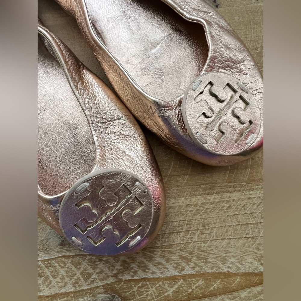 Tory Burch Minnie Travel Leather Ballet Flat Rose Gold Size 6 New - Picture 1 of 10